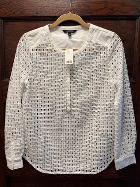 Banana Republic White Crochet Eyelet Long-Sleeve Blouse